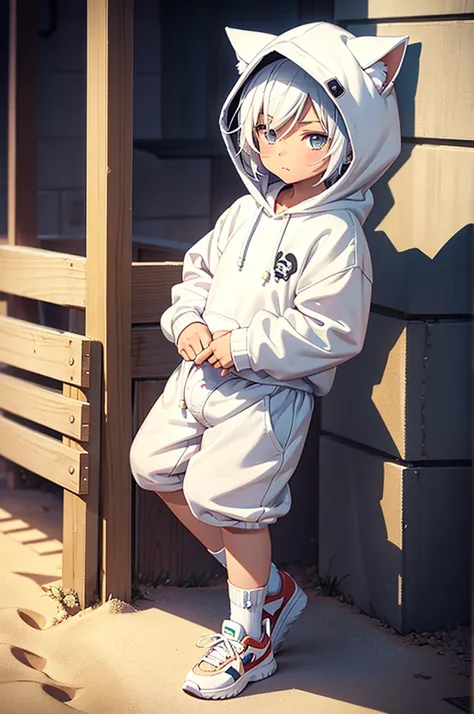 An anime image of a small boy with white hair wearing a white cat hoodie. (Wearing cat themed shoes), ((playing in a sandbox)), (wearing cat themed socks), (((wearing a diaper))), wet diaper, hoodie with tail, stuffed animals, solo,  ((1boy)), best quality...