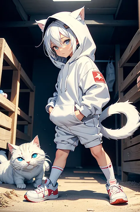 An anime image of a small boy with white hair wearing a white cat hoodie. (Wearing cat themed shoes), ((playing in a sandbox)), (wearing cat themed socks), (((wearing a diaper))), wet diaper, hoodie with tail, stuffed animals, solo,  ((1boy)), best quality...