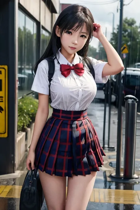 school girl uniform , steam , rain , plaid skirt , pleated skirt , the shirt is tight. , white shirt , school girl , red bow , r...