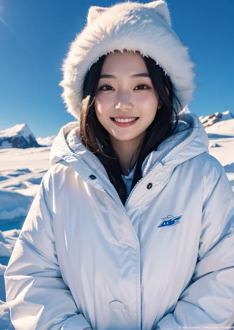 Diffuse lighting、 Highest quality, High resolution, unity 8k wallpaper、Supersaturation, Colorful, 8k resolution, 1 female、Japanese、23 years old、Close-up portrait、Adorable, smile、looks fun、Arctic、Arcticクマに囲まれて、cold、 High resolution, Cowboy Shot
