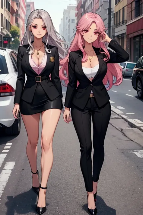 female, silver messy long hair, red eyes, tanned skin, (((1girl))), (((black blazer))), (pink shirt), (black dress pants), (black heels), (necklace with gold pendant), cute and sexy, full body, big breasts, long legs, smiling, cleavage