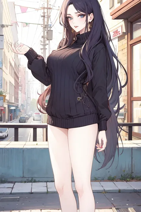 (masterpiece, best quality:1.2), 1 Girl, Solitary,Mature_Miss,Black long hair, sweater,on the street