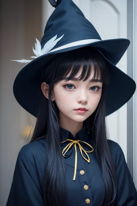 dark blue witch hat, with a yellow ribbon and a white feather 