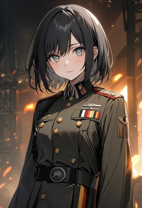 A young woman with black hair tipped with gray. His eyes are white with gray pupils and he has a modernized German military uniform. 