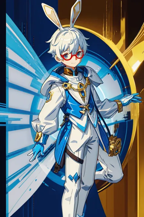 a boy with striking white hair、the bunny ears are very big、golden armor、siamese、smile、mechanical blue glasses and clothing、cente...