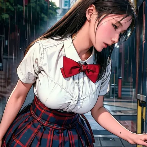 school girl uniform , steam , rain , plaid skirt , pleated skirt , The shirt is tight. , white shirt , school girl , red bow , red knot 