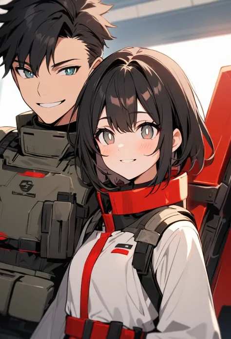 A young woman with black hair tipped with gray. His eyes are white with gray pupils and he has a military suit with black and red details.. She is smiling smugly 