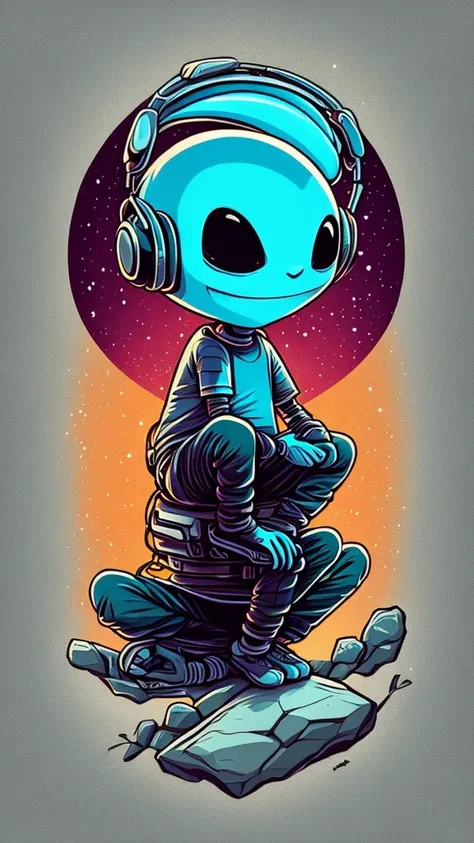 An alien sitting on a rock in a relaxed position, With headphones, in a circle, with white background and art vector style, in a vibrant and characteristic sunset, with a detailed and sharp outline, like a t-shirt logo in art style