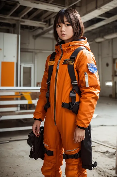 This image is、Featuring ultra-realistic, live-action Japanese beauties。The beautiful girl is wearing a bright orange space suit.、The design and details are very detailed.。In the background、A desolate landscape like ruins spreads out before you.、The rusted ...