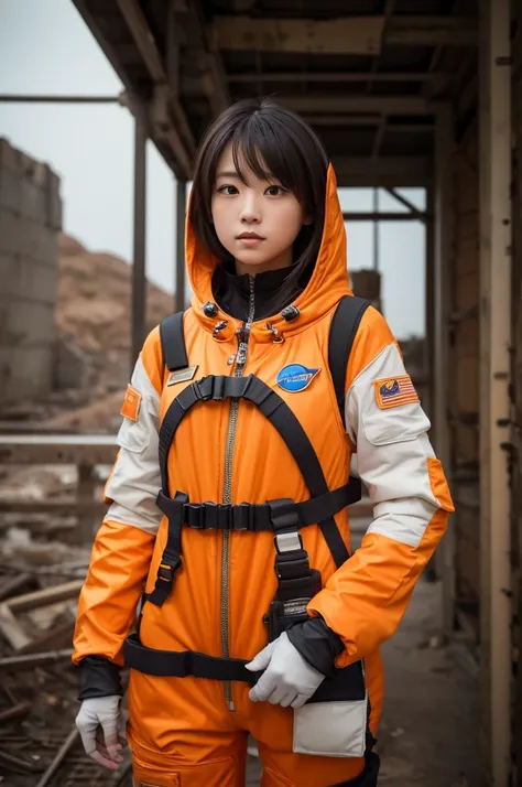 This image is、Featuring ultra-realistic, live-action Japanese beauties。The beautiful girl is wearing a bright orange space suit.、The design and details are very detailed.。In the background、A desolate landscape like ruins spreads out before you.、The rusted ...