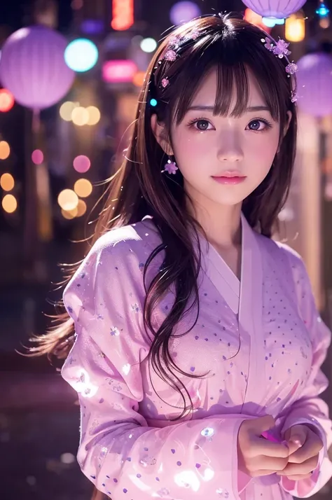 This image is、Featuring ultra-realistic, live-action Japanese beauties。The background is dotted with magical lights.、Pink and purple light、Floating transparent bubbles floating around。The beautiful girl&#39;s costume is a light pink dress.、It features a re...