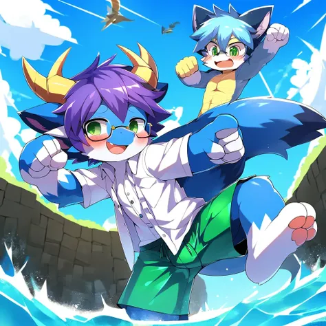 score_9,score_8_high,score_7_high, source_cartoon, source_furry, dragon cub, horns, green eyes, tail, purple hair, shota, furry,...