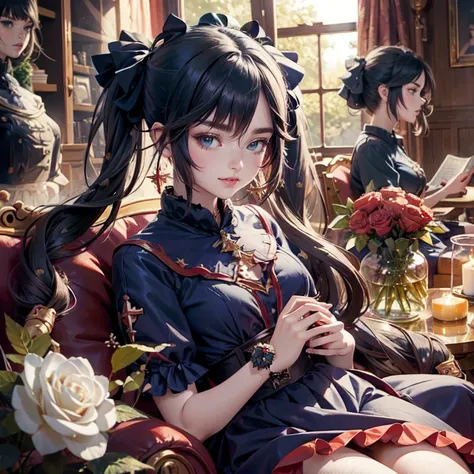 Mona_(genshin impact), 1girl, white roses, ornament hair, red roses on her hair, pigtails, navy short skirt, navy dress, skirt with layers, frills, navy laces, lolita style, black hair, long hair, seat on a red sofa, modernist home style, navy lolita dress...