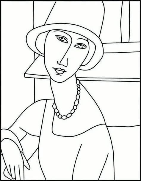 a drawing of a woman in a hat and dress, inspired by Amedeo Modigliani, woman with hat, modigliani, inspired by Georges Lemmen, done in the style of matisse, matisse, by Amedeo Modigliani, modern art, by Jean Metzinger, outlined art, art style, masterpiece...