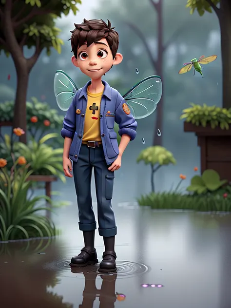 A boy dressed in a work jacket and dragonfly wings crosses the puddles of a morning rain.