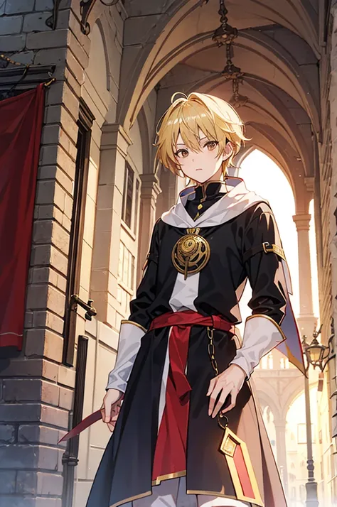 Man Magician Medieval Blonde Hair Tunic Brown Eyes Responsible Anime Medieval City Background