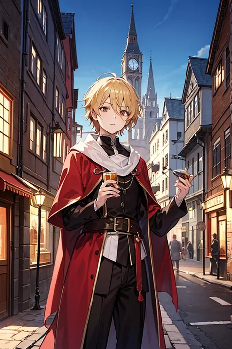 Man Magician Medieval Blonde Hair Tunic Brown Eyes Responsible Anime Medieval City Background