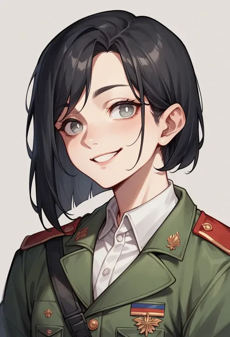 A young woman with black hair tipped with gray. His eyes are white with gray pupils., He has a military suit with black and red details. She is smiling smugly 