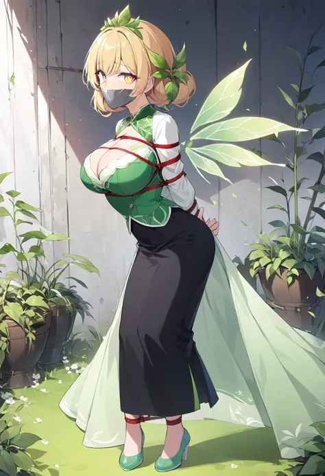 score_9, score_8_up, source_anime, 1girl, solo,The photo features a female character with long, golden yellow hair, wearing an outfit inspired by natural elements, particularly plants. She dons a green crown shaped like leaves adorning her head. Her dress ...