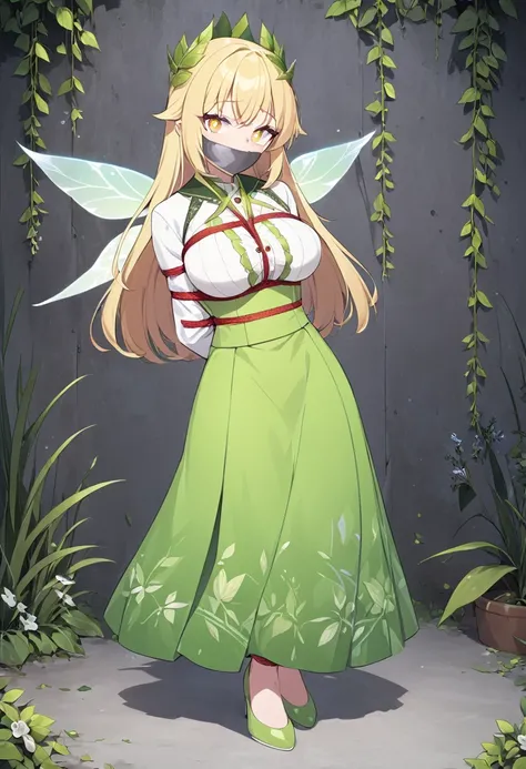 score_9, score_8_up, source_anime, 1girl, solo,The photo features a female character with long, golden yellow hair, wearing an outfit inspired by natural elements, particularly plants. She dons a green crown shaped like leaves adorning her head. Her dress ...