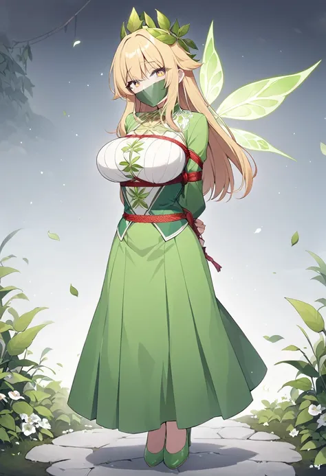 score_9, score_8_up, source_anime, 1girl, solo,The photo features a female character with long, golden yellow hair, wearing an outfit inspired by natural elements, particularly plants. She dons a green crown shaped like leaves adorning her head. Her dress ...