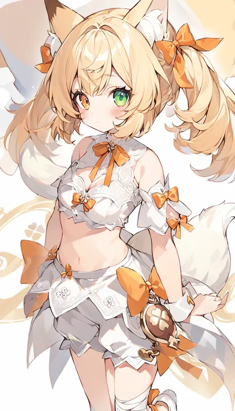 the fox girl,1girl,short hair, the hairstyle is like klee's,animal ears, bangs, bare shoulders, blonde hair, blush, bow, breasts...