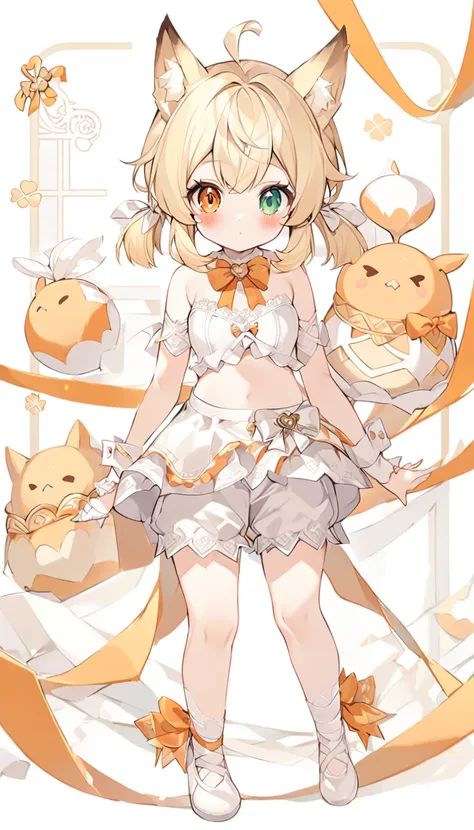 the fox girl,1girl,short hair, the hairstyle is like klee's,animal ears, bangs, bare shoulders, blonde hair, blush, bow, breasts...