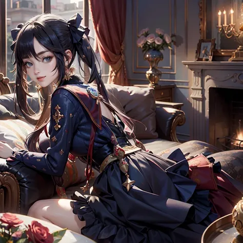 Mona_(genshin impact), 1girl, solo, white roses, ornament hair, red roses on her hair, pigtails, navy short skirt, navy dress, skirt with layers, frills, navy laces, lolita style, black hair, long hair, seat on a red sofa, modernist home style, navy lolita...