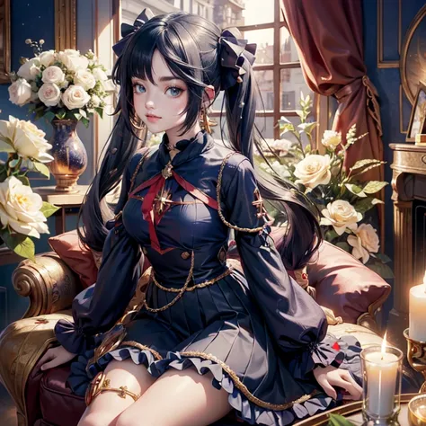 mona_(genshin impact), 1girl, solo, white roses, ornament hair, red roses on her hair, pigtails, navy short skirt, navy dress, s...