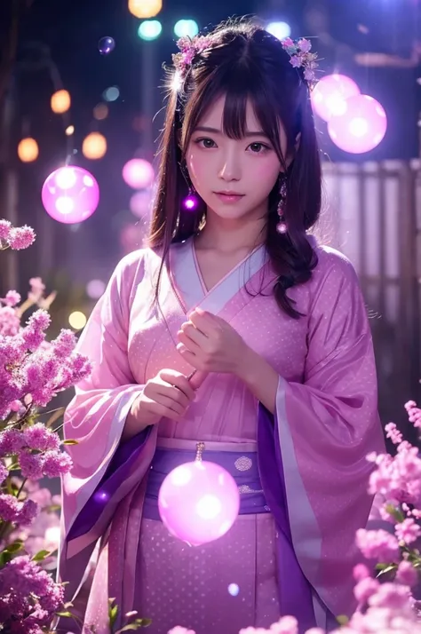 This image is、Featuring ultra-realistic, live-action Japanese beauties。The background is dotted with magical lights.、Pink and purple light、Floating transparent bubbles floating around。The beautiful girl&#39;s costume is a light pink dress.、It features a re...