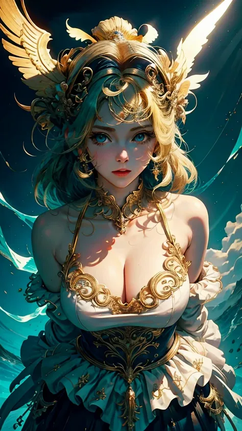 （best qualtiy）， （（tmasterpiece））， 1个Giant Breast Girl，（solo），half-body portrait， Delicate face， looking at viewert， firm eyes， exposed bare shoulders，Exquisitehands， Um ser celestial， light particules， The halo，the ocean， Full of energy， Colorful colors， （...