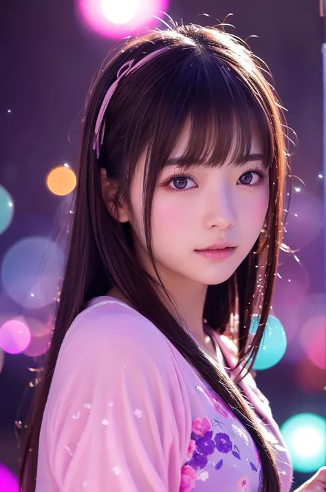 This image is、Featuring ultra-realistic, live-action Japanese beauties。The background is dotted with magical lights.、Pink and purple light、Floating transparent bubbles floating around。The beautiful girl&#39;s costume is a light pink dress.、It features a re...