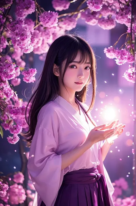 This image is、Featuring ultra-realistic, live-action Japanese beauties。The background is dotted with magical lights.、Pink and purple light、Floating transparent bubbles floating around。The beautiful girl&#39;s costume is a light pink dress.、It features a re...