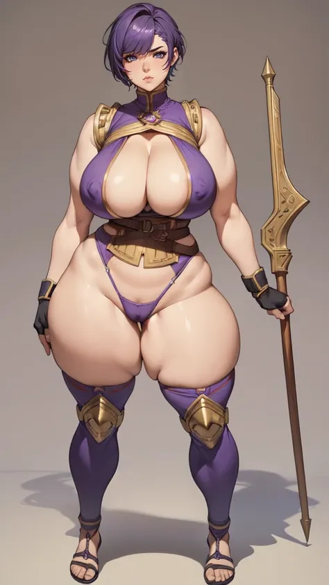 (masterpiece), best quality, female warrior, huge girl, female muscular:1.2, shoulder armor, pauldron, (curvy:1.7), (((blank background))), ((full body)), fingerless gloves, sandals, sleeveless, covered nipples, ((buzzcut hairstyle)), purple hair, hair ove...