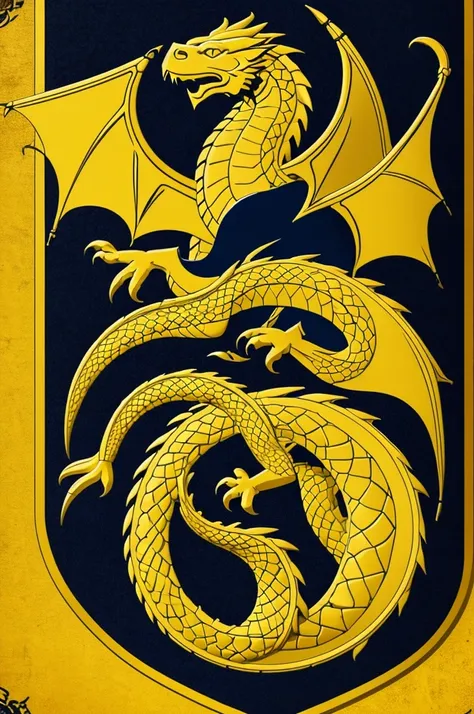 Simple heraldic shield of house with emblem of yellow salamander on navy blue background game of thrones style not dragon