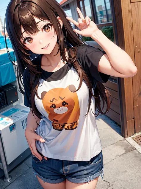 Brown hair. Anime girl. Asian girl. Ulzzang. Brown eyes. Smiling. T-shirt.