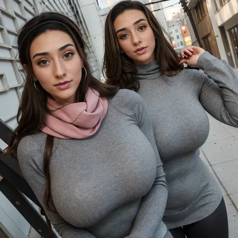 Extremely busty thin and toned brunette photographer, college girl, fair skin, loose side sweep, soft face, athletic, pink bandana babushka headwrap, long oversized tight grey long-sleeve (pullover) top dress, (black leggings). standing in front of her apa...