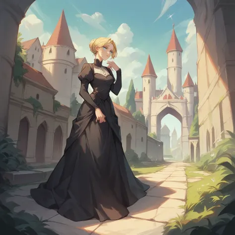 princess in a castle. blonde hair, blue eyes and black dress. 