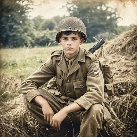 vintage photo of a teenage soldier in world war 2, normandy, dressed in american infantry clothes, natural light, film grain, distressed edges, vignette