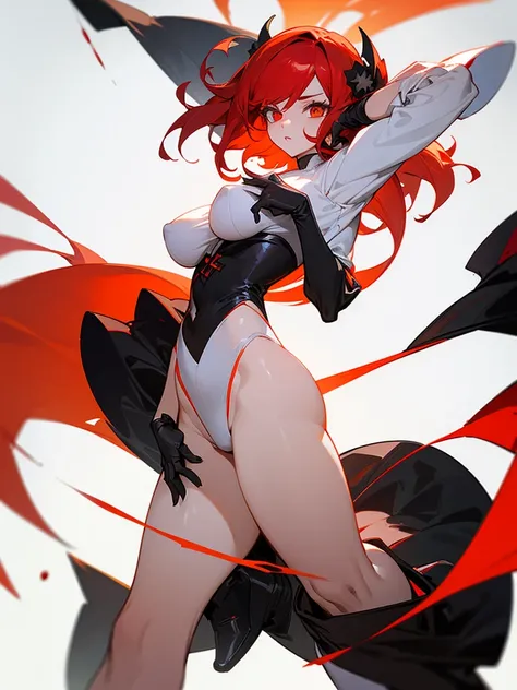 Woman with blood red hair, hypdertailed, white clothing with black details, eyes with orange stars, (Big Breasts 1.5, Broad Hips) black gloves, black shoe, tapa okho preto