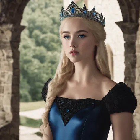 princess in a castle. blonde hair, blue eyes and black dress. 