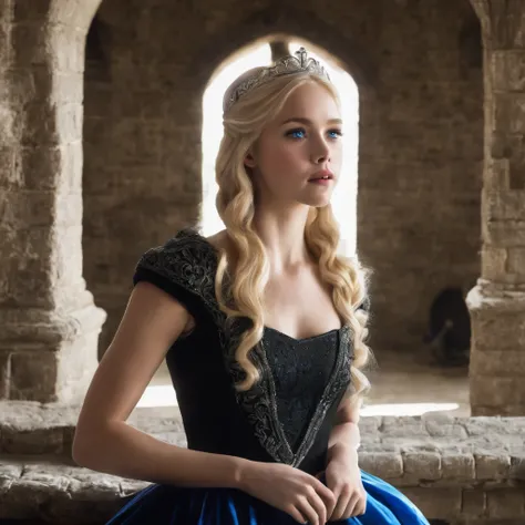 princess in a castle. blonde hair, blue eyes and black dress. 