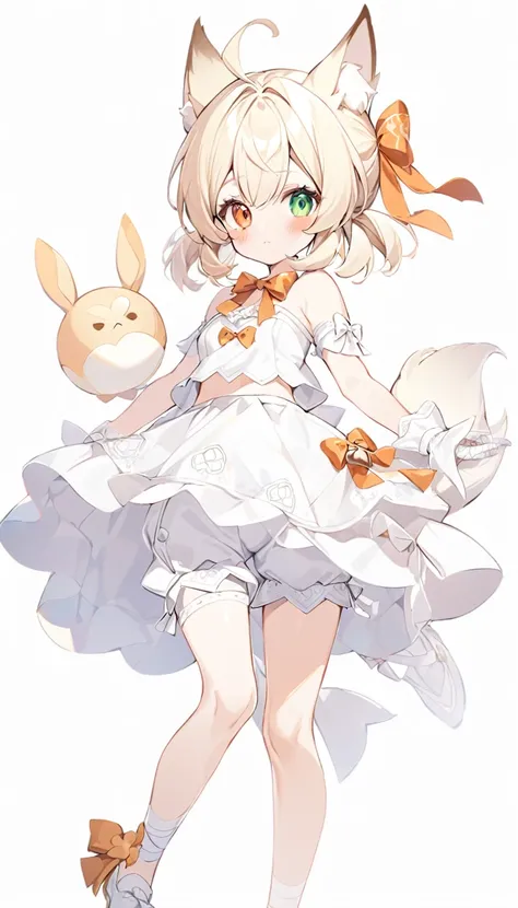 The fox girl,1girl,short hair, The hairstyle is like Klees,animal ears, bangs, bare shoulders, blonde hair, blush, bow, breasts, white cleavage, cropped torso, , green eyes, hair ribbon, heterochromia, , looking at viewer, , orange bow, orange eyes, orange...