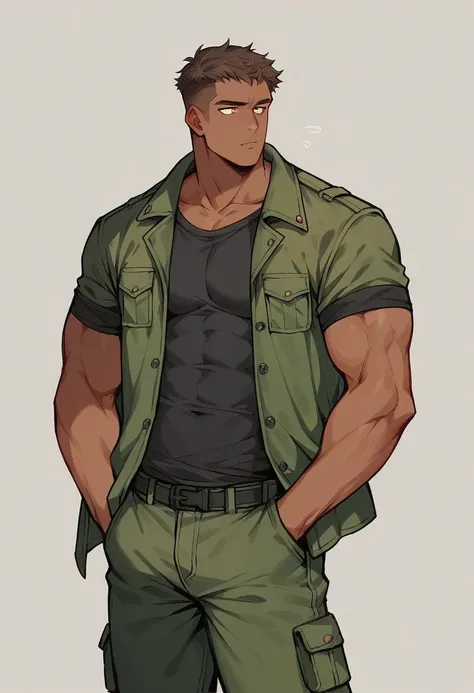 Boy with dark and wavy hair that covers his eyes, slightly brown skin, military green jacket, basic black t-shirt, cargo pants of a slightly darker green than his jacket, skinny and tall character slightly marked with muscles 