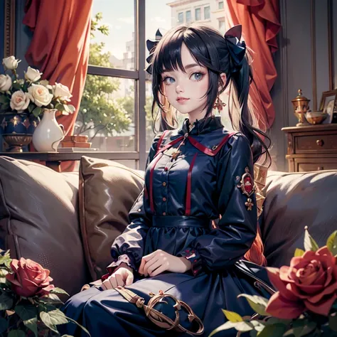 mona_(genshin impact), 1girl, solo, white roses, ornament hair, red roses on her hair, pigtails, navy short skirt, navy dress, s...