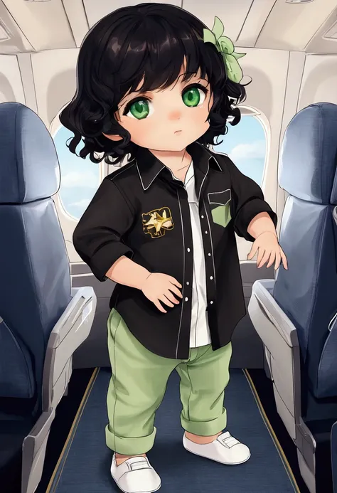 1 year old baby, gender , green eyes, wavy black hair, nice and small, clothes:an airplane-shaped shirt and airplane-shaped pant...