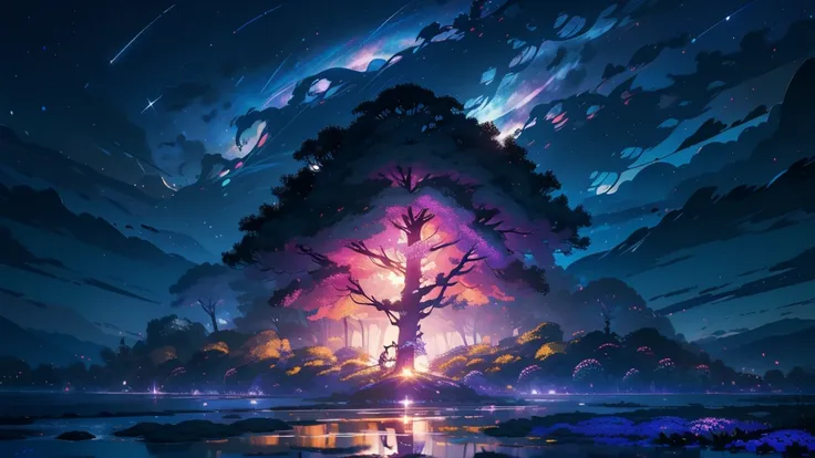 main part, nice, landscape, (((no_Humanos))), night, purple，flower, flower园, Starry Sky, constellation, wonderful, vision, water, Quint, Accompaniment, peaceful, meteor, Cosmic, magic, magic, detailed, fair, ((Piri Lambos))