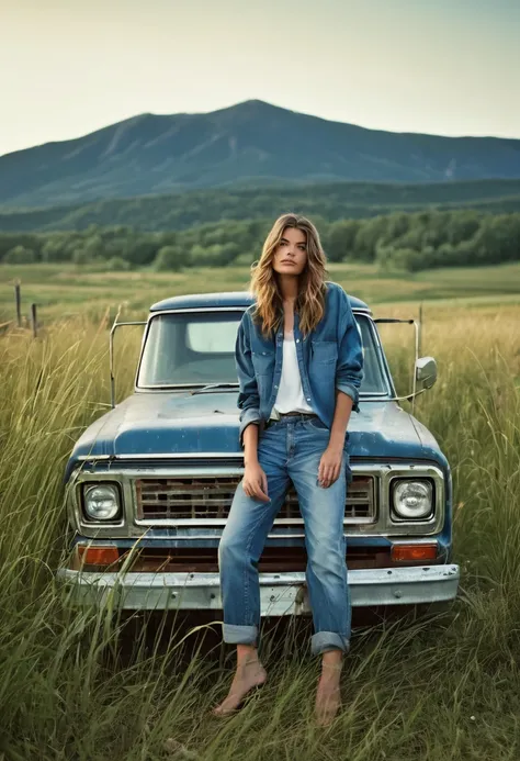 A stunning medium range shot photo by Steven Klein of a young supermodel in flannel shirt and denim pants perched atop an old, weathered blue matte pickup truck. She exudes confidence and grace as she poses barefoot amidst tall wild grass. The rustic fence...