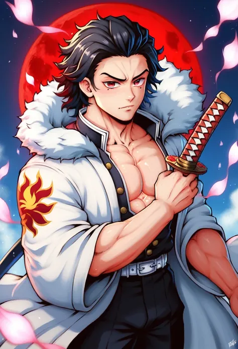 Ultra detailed, highres, absurdres, HDR, master piece, male demon slayer, black medium length hair, expressive red eyes, white cloak with patterns of flames, black demon slayer uniform, Kimetsu No Yaiba, handsome, sexy man, solo, best quality, black and re...