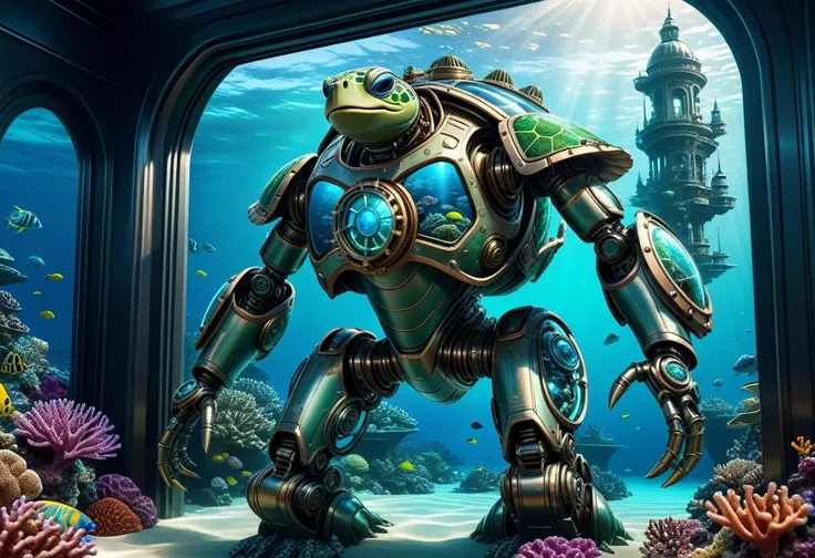 a huge full metal android robot turtle, carrying a futuristic underwater city inside its body cover with window glasses, smilling,funny,fantasy ,detailed mechanical exoskeleton, intricate gears and joints, advanced technology, underwater sci-fi landscape, ...